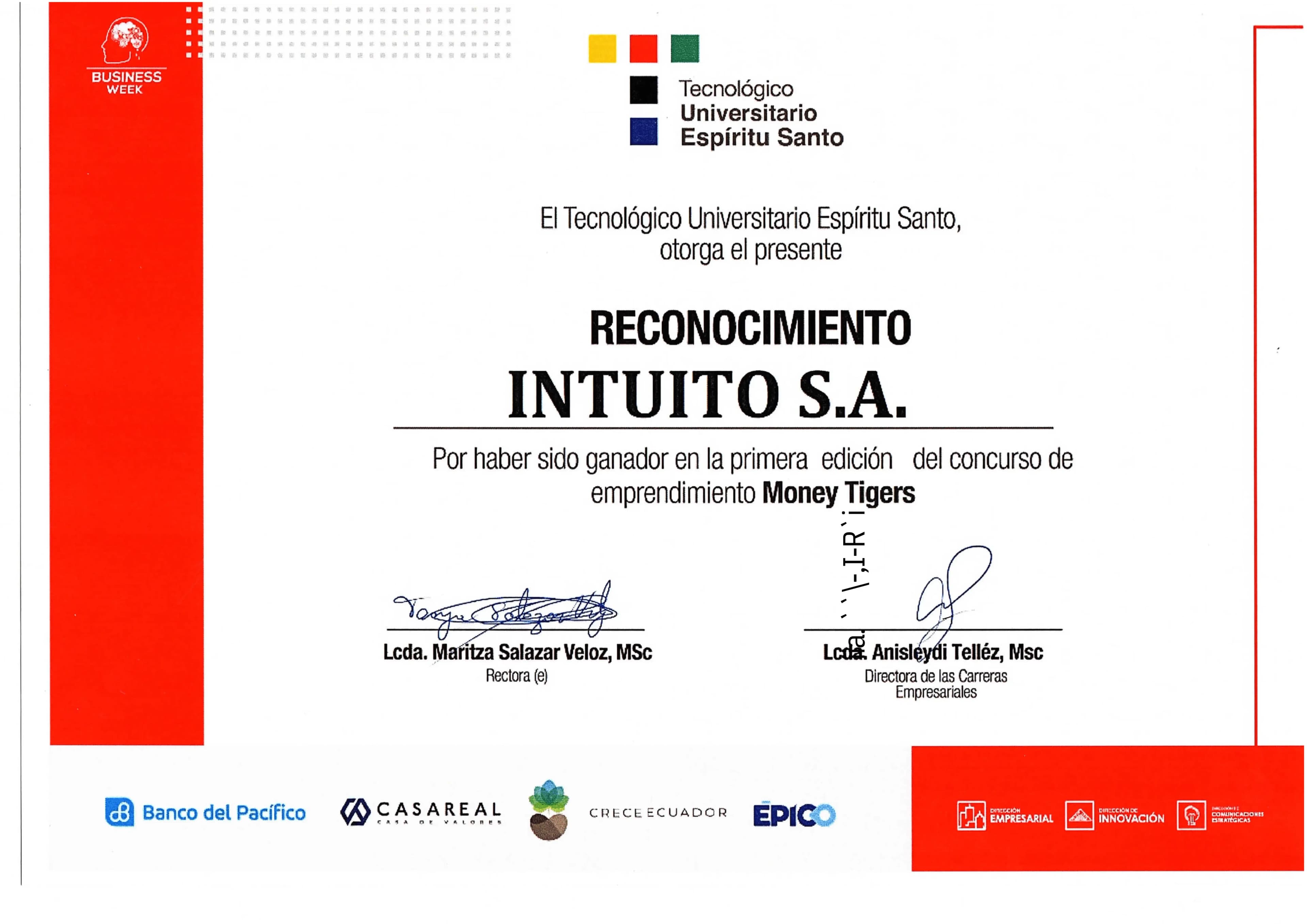 Reconocimiento por Participación Concurso Emprendimiento “Money Tigers”